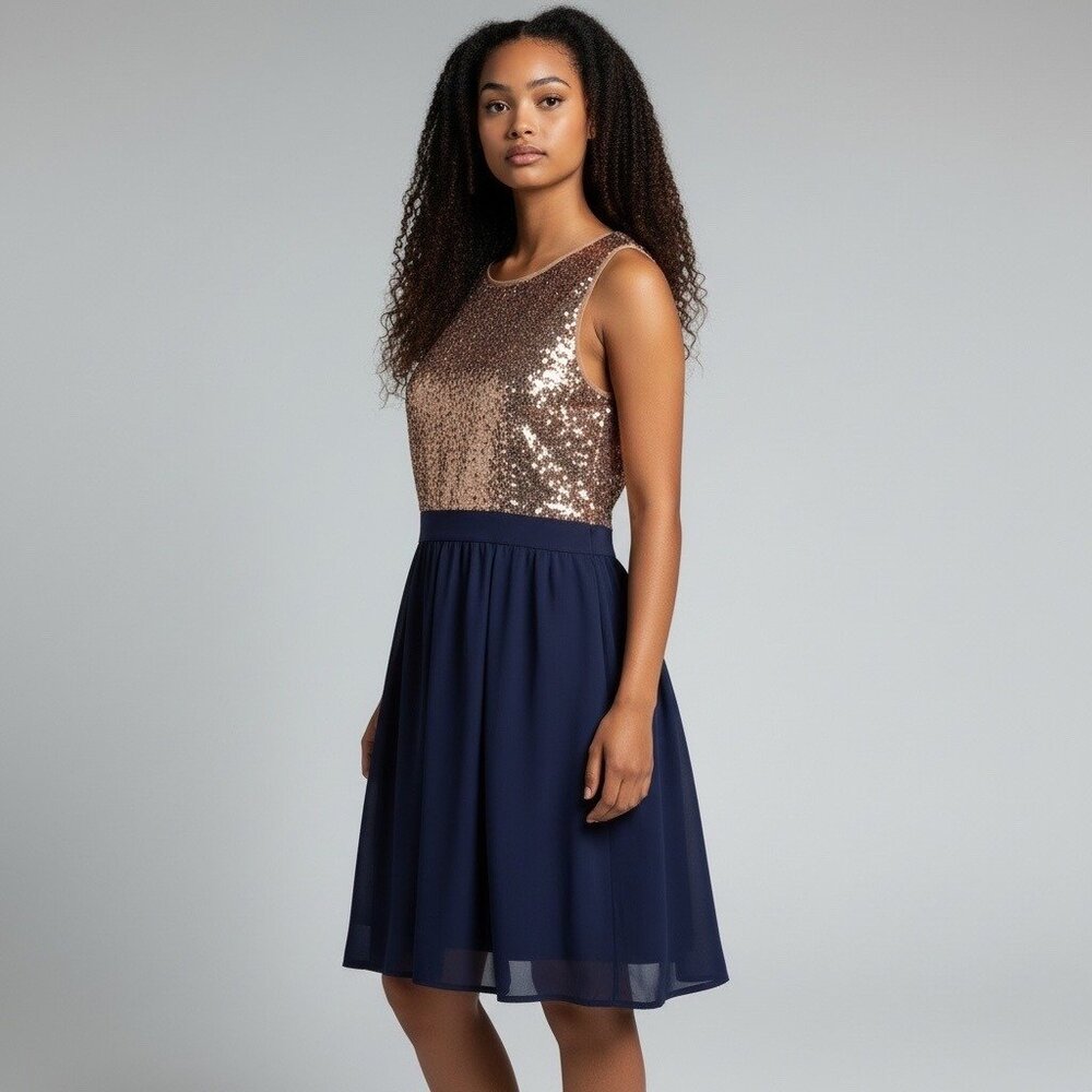 Rosette Rose Gold Sequin & Navy Chiffon Sleeveless Skater Dress Women's Large - Picture 2 of 15